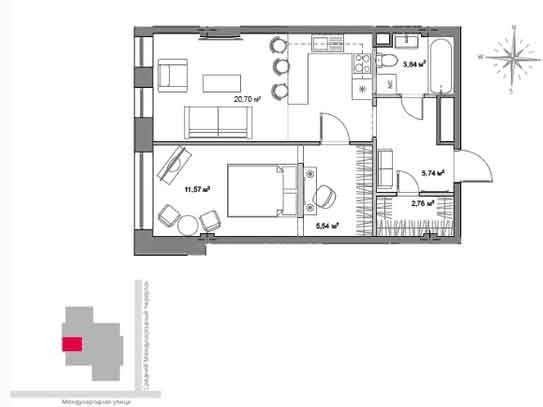 Двухкомнатная квартира 52.2 м²
