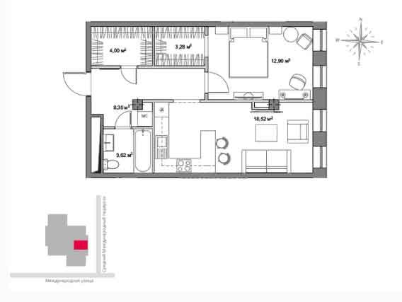 Двухкомнатная квартира 53.2 м²